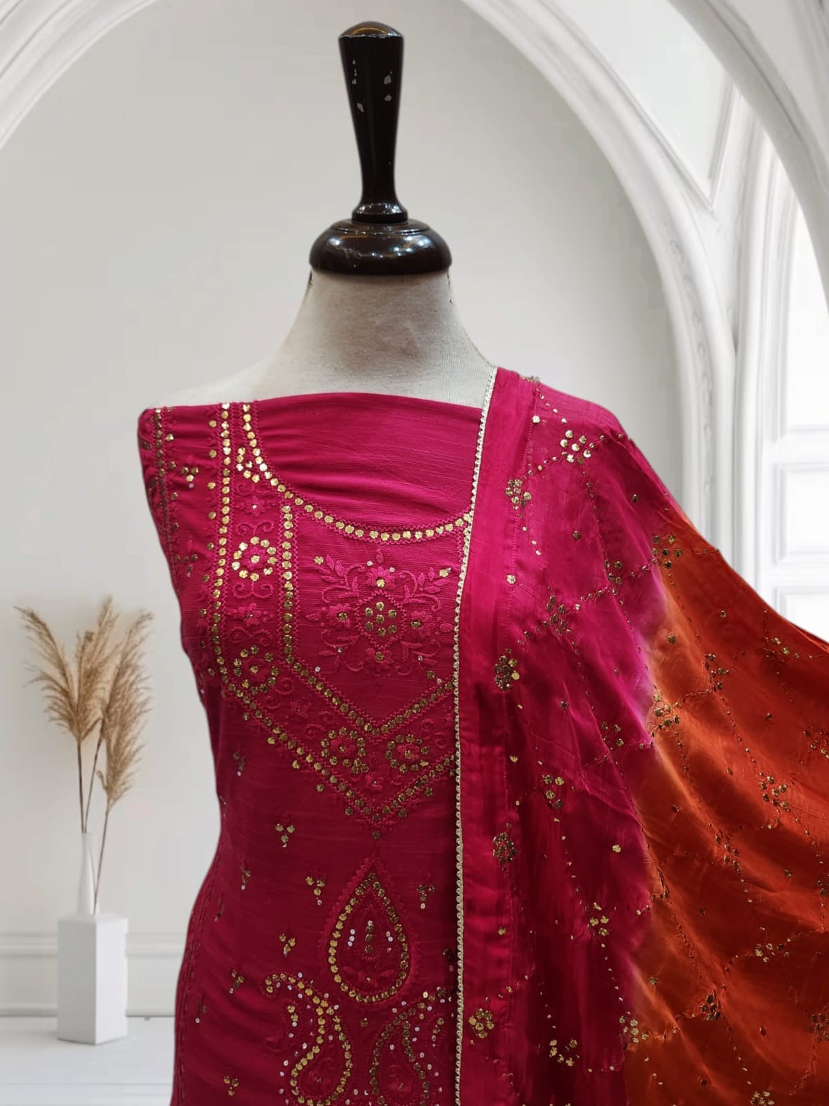 Hot pink with Burnt Orange Mukesh Raw silk