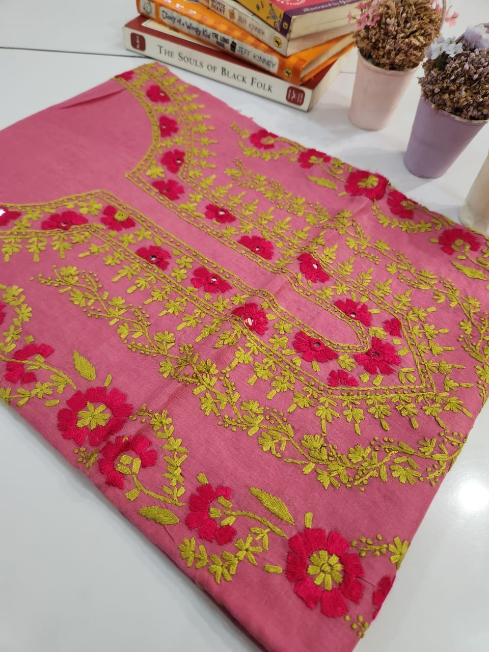 Tea pink lawn hand embroidered shirt