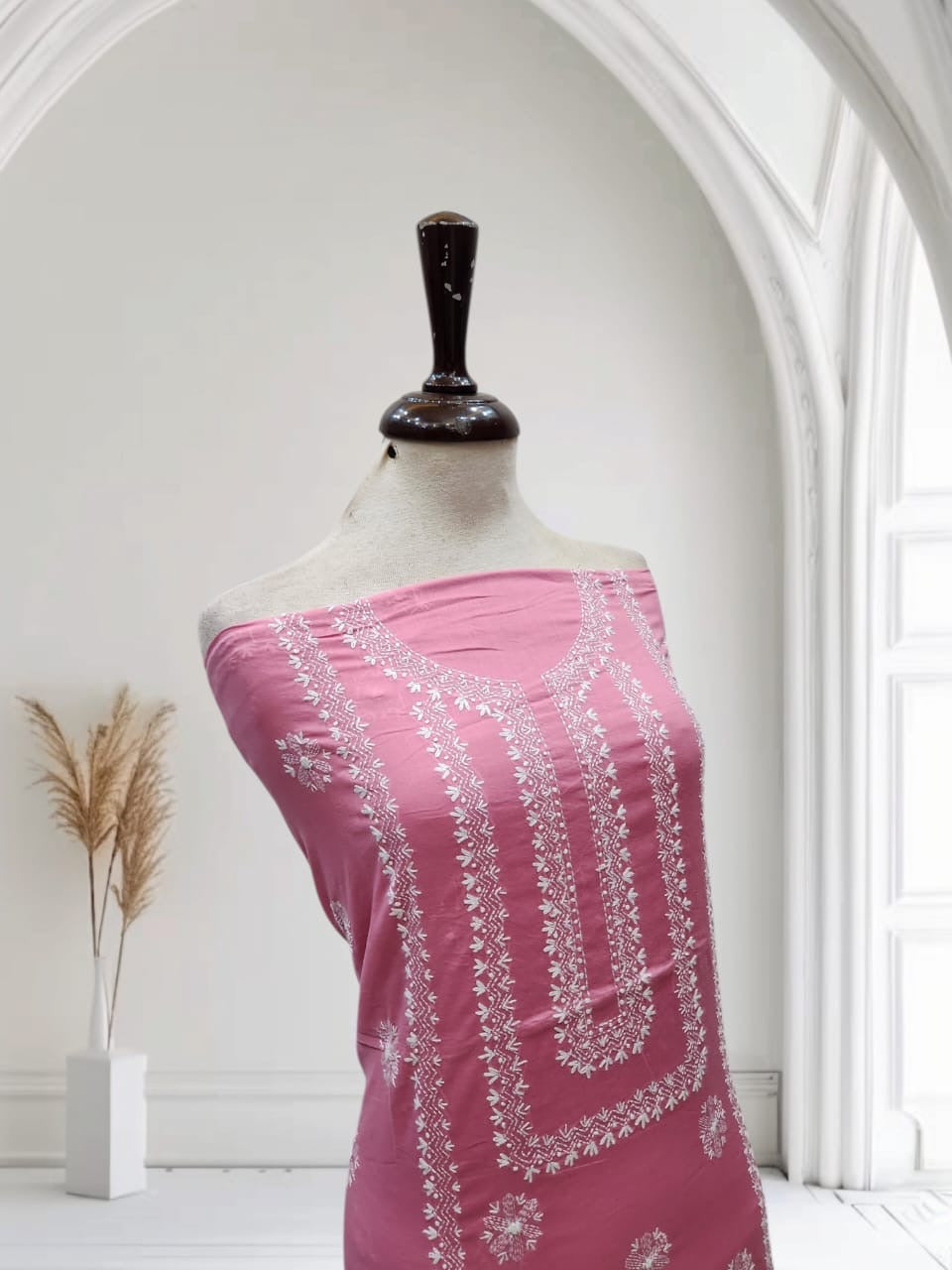 Tea pink kantha lawn hand embroidered shirt