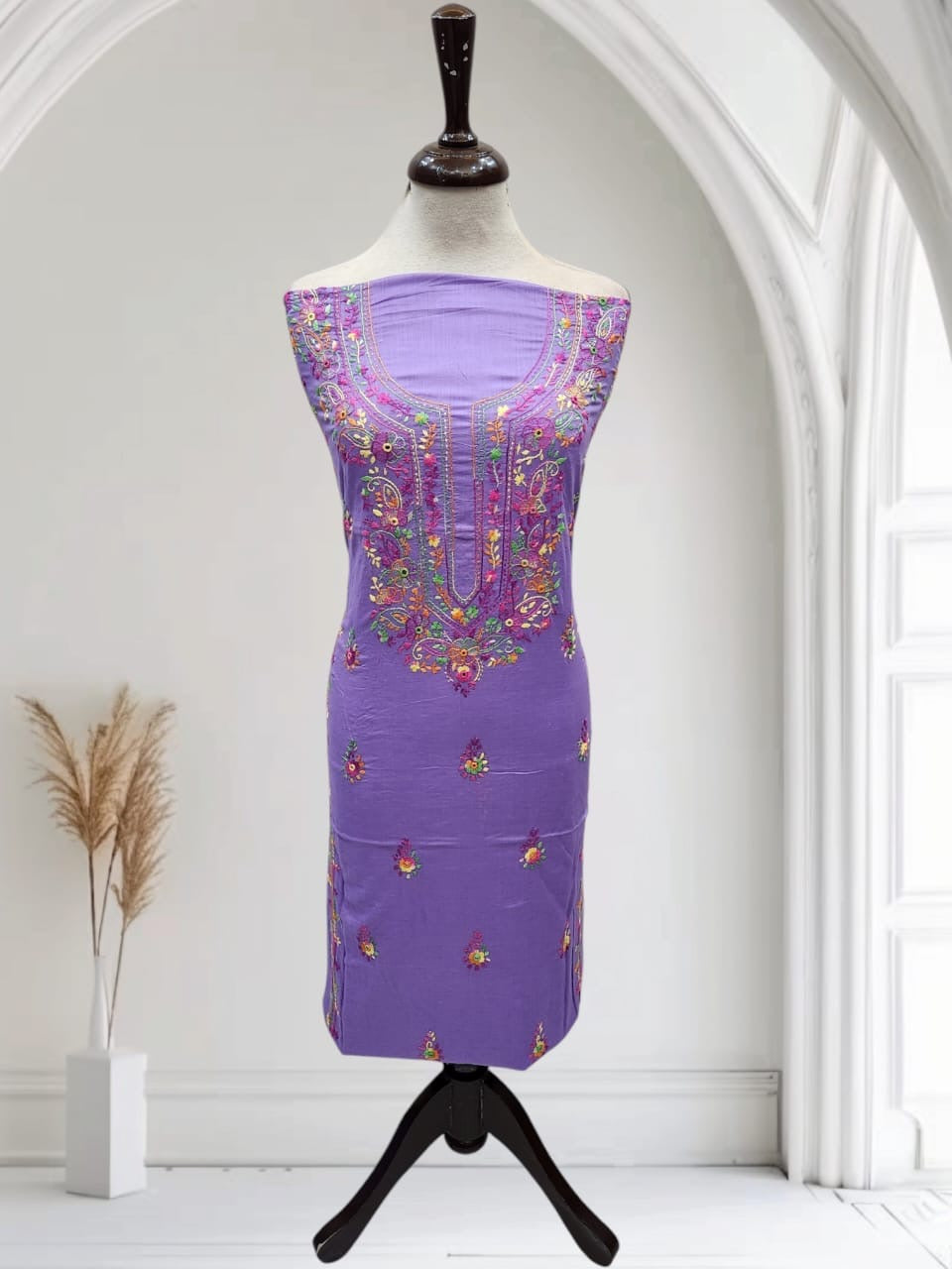 Lavender shade lawn hand embroidered shirt