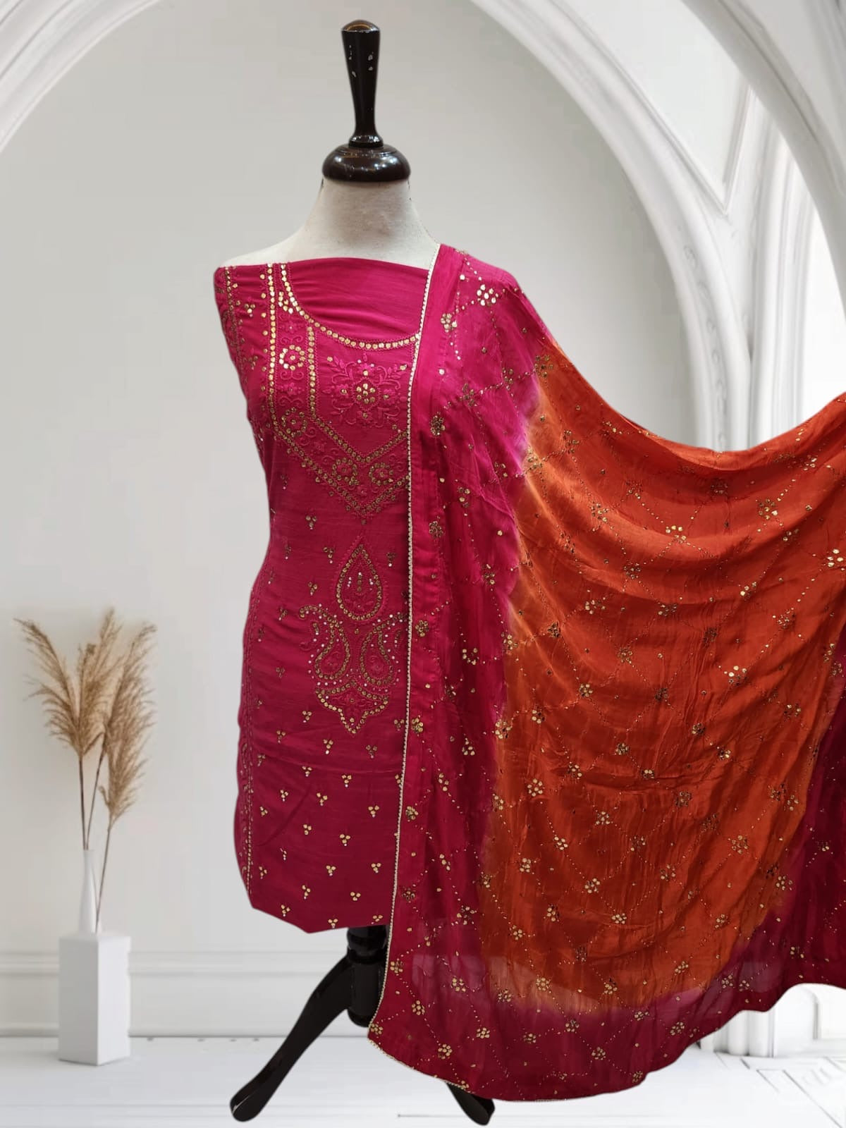 Hot pink with Burnt Orange Mukesh Raw silk