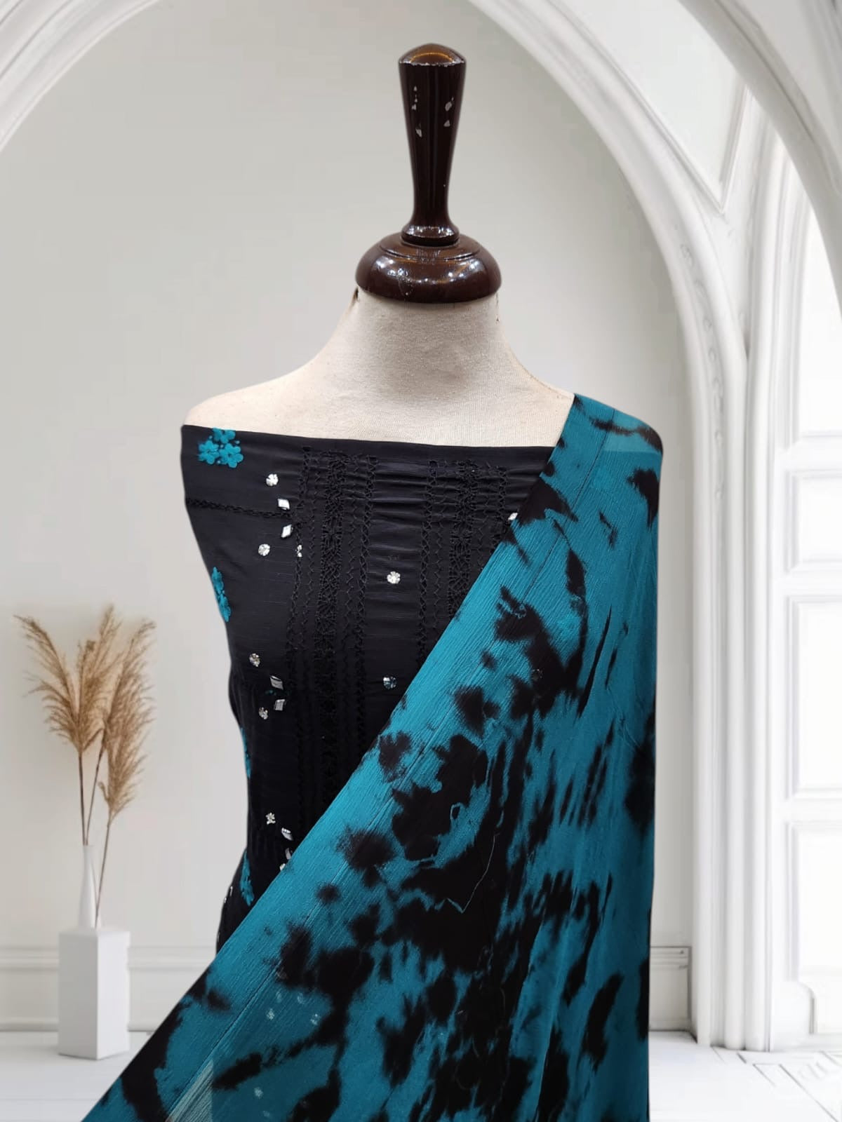 Raw silk Black Tarkashi with teal shade