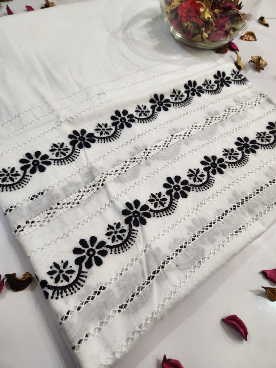Tarkashi White with black trouser/ Shalwar unstitched
