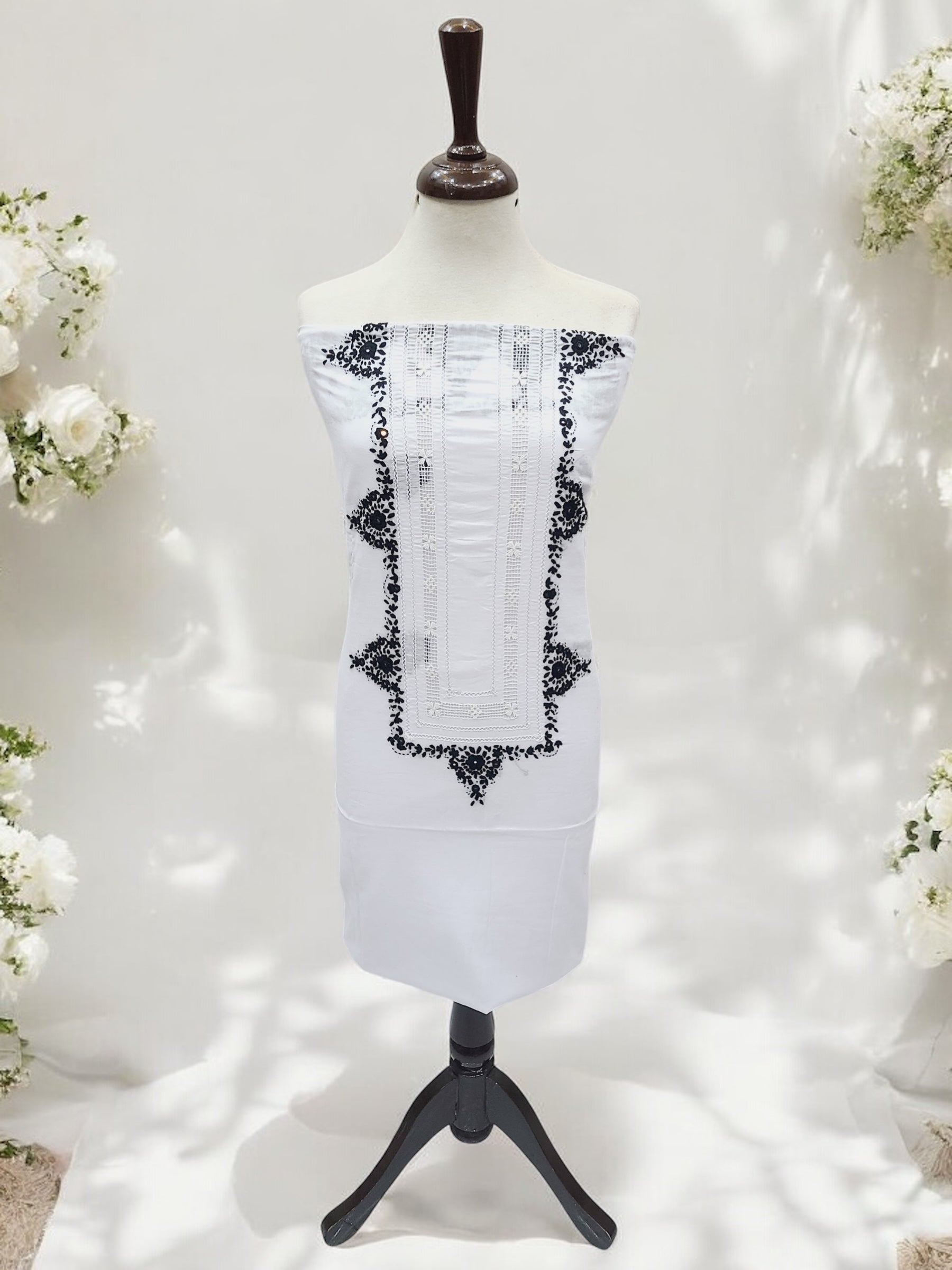 Worku Butic Bambino Hand Embroidered 2pc Lawn White with Black – Hand Work Boutique