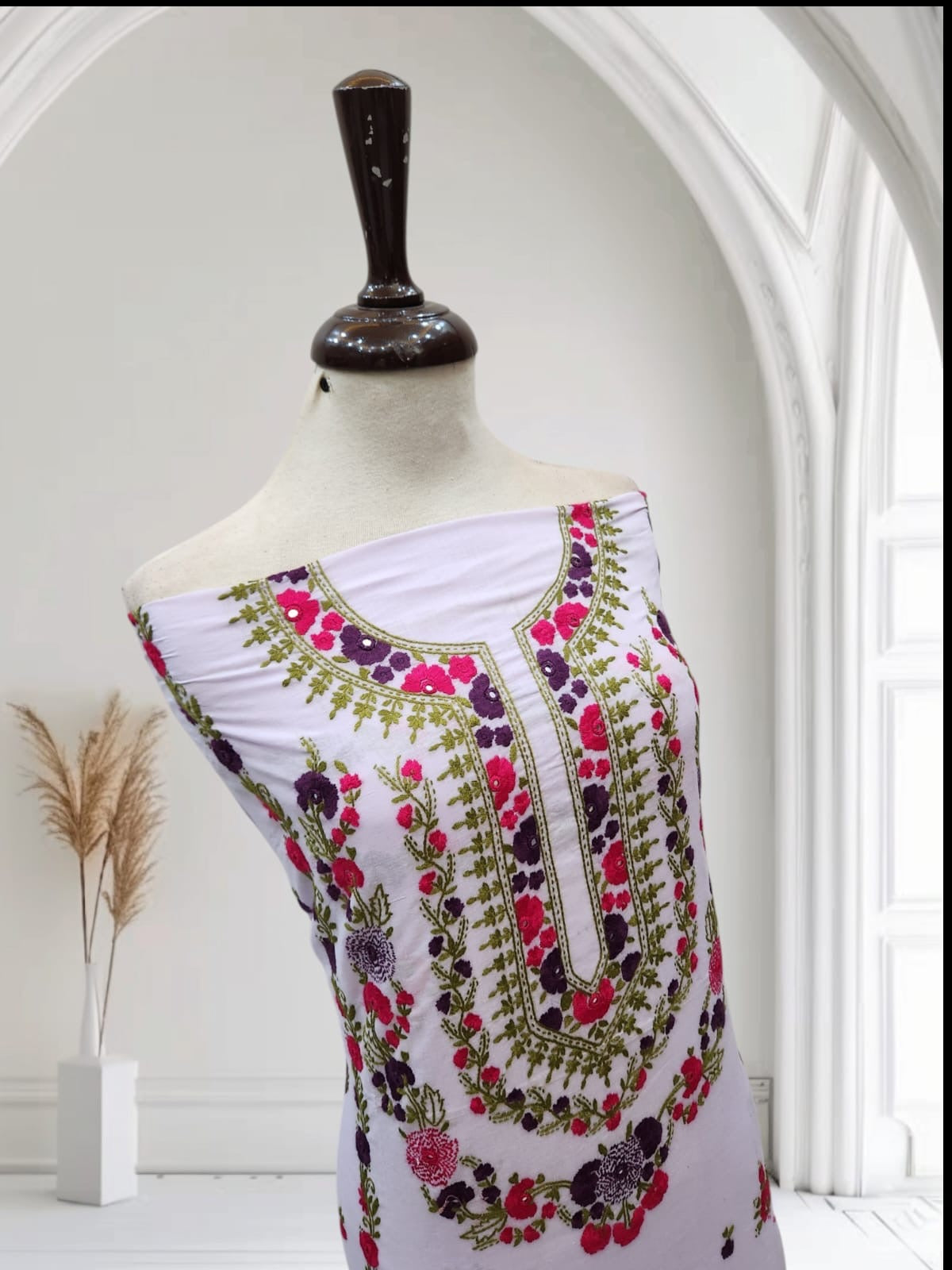 White kaccha tanka lawn hand embroidered shirt