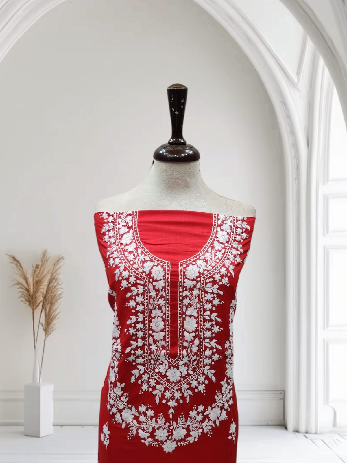 Bold red shade lawn hand embroidered shirt