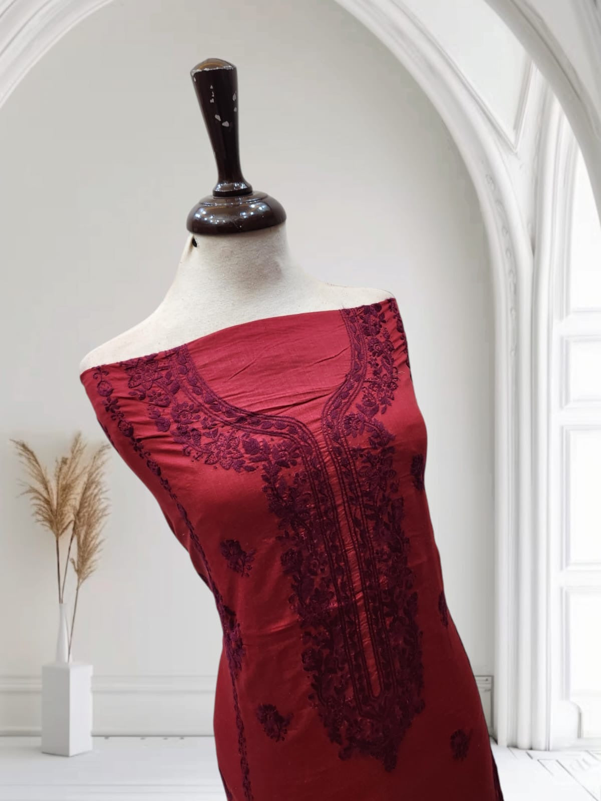 Deep red hand embroidered lawn shirt