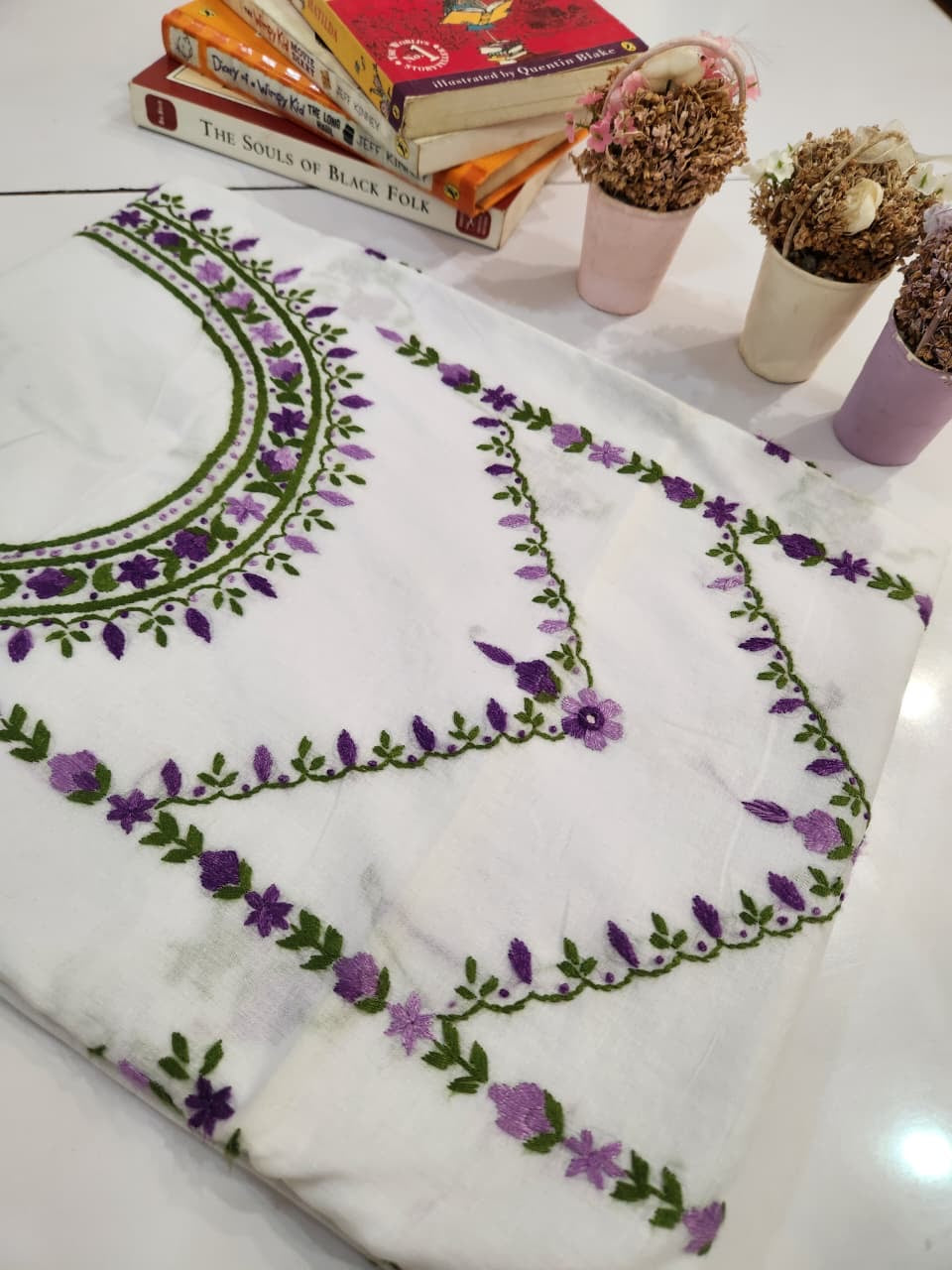 Maah E Noor white & purple hand embroidered shirt