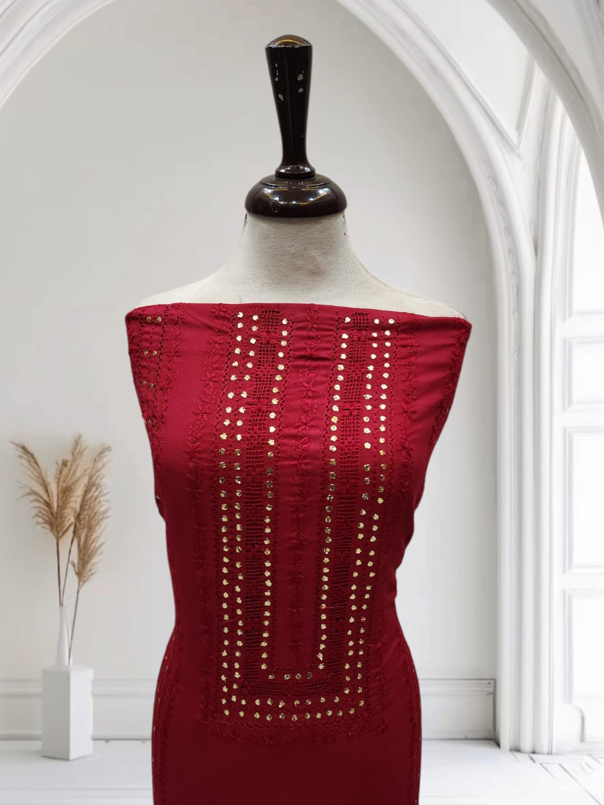 2pc Maroon Marina tarkashi, Mukesh with embroidery