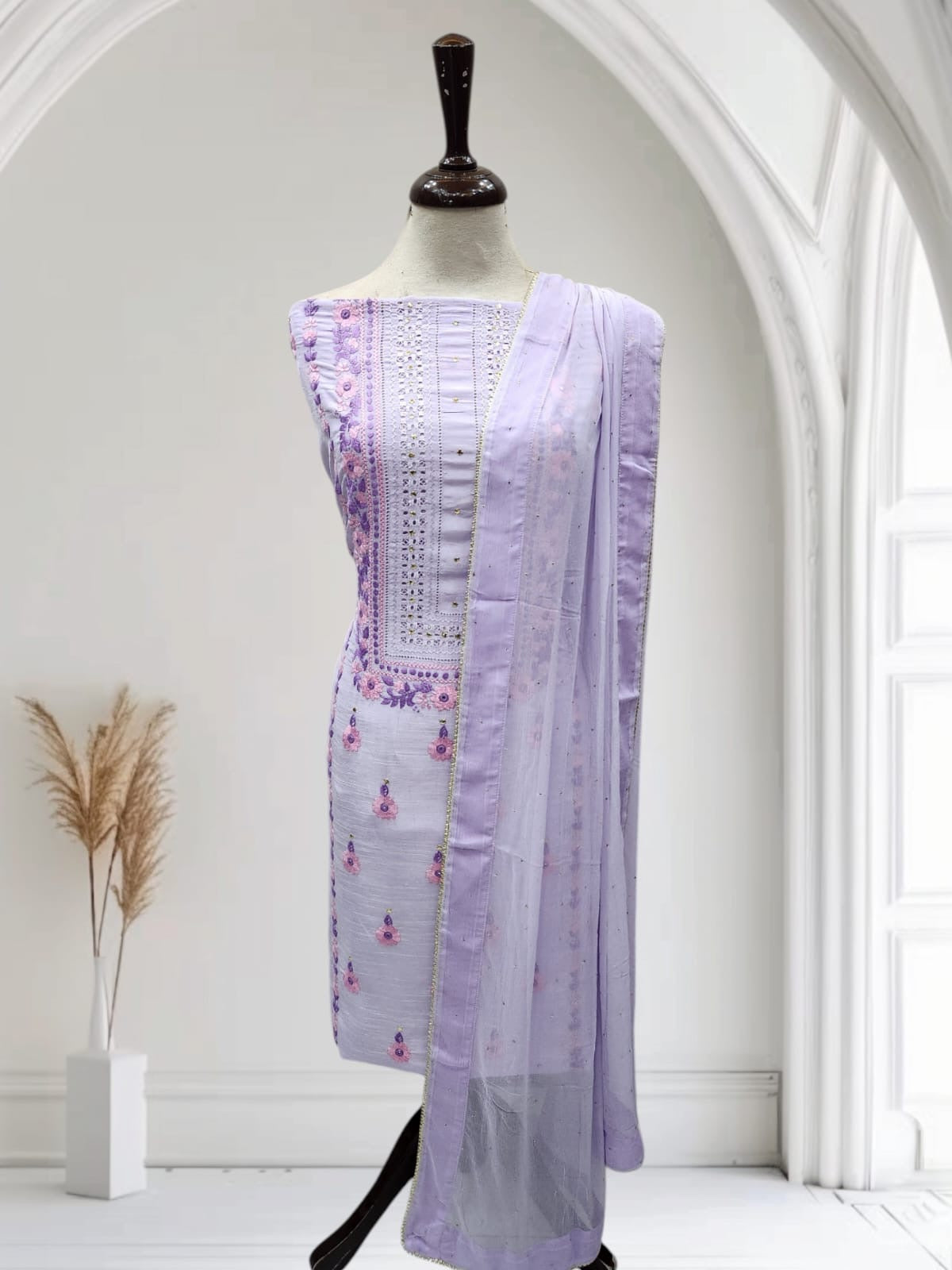 Raw silk Lavender with Baby Pink Tarkashi with Mukesh