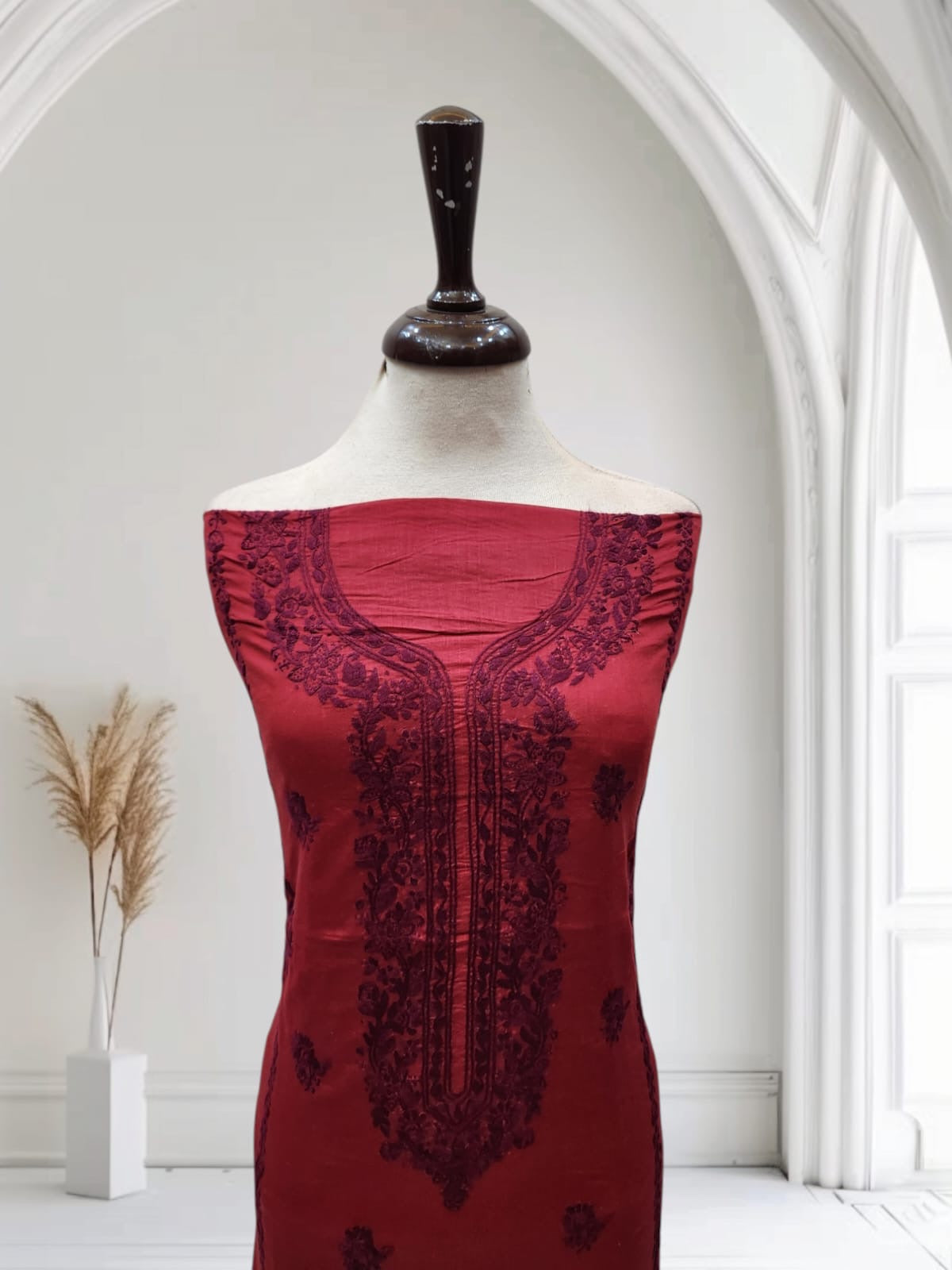 Deep red hand embroidered lawn shirt