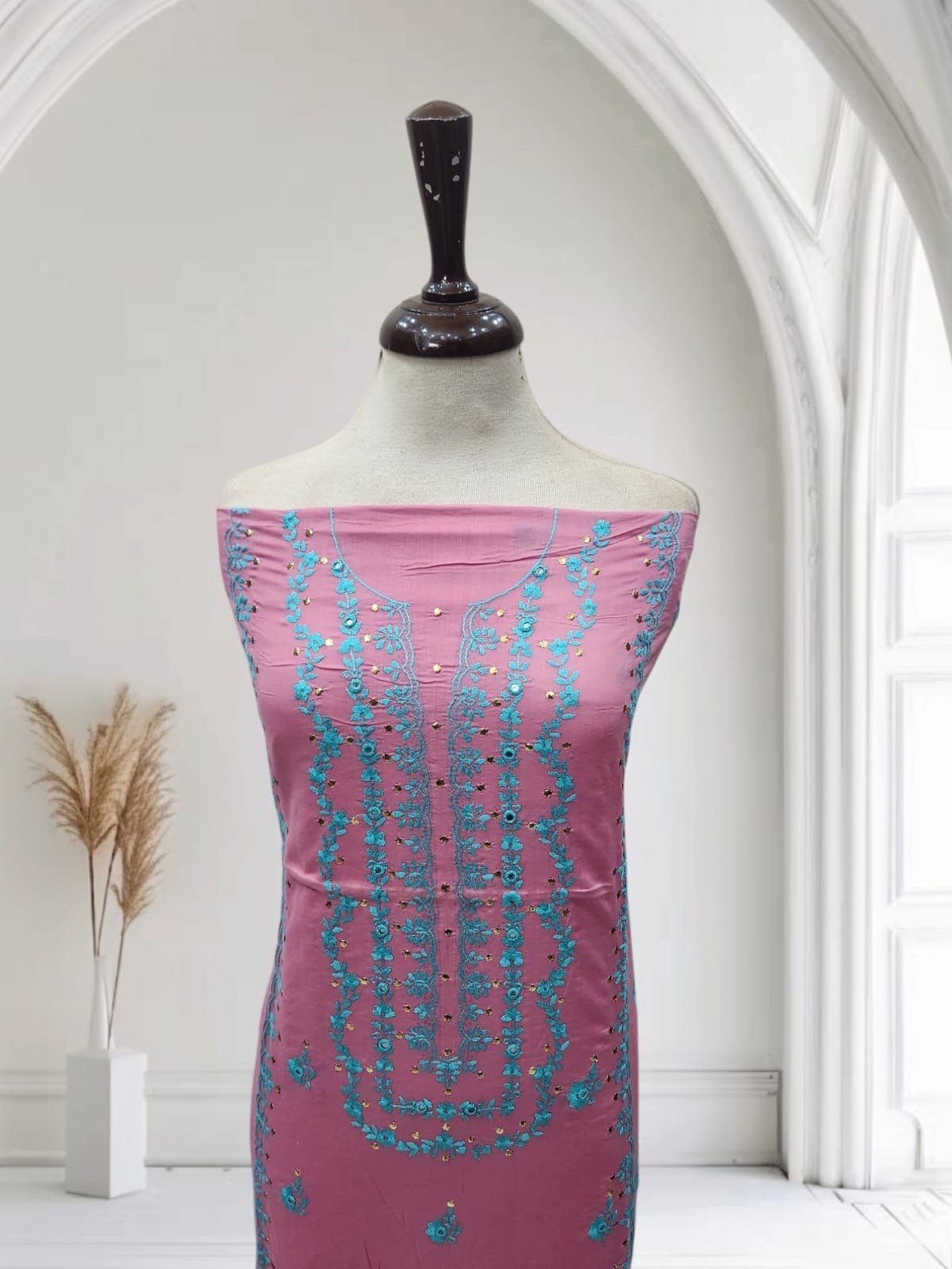 Tea pink lawn shirt hand embroidered with mukesh
