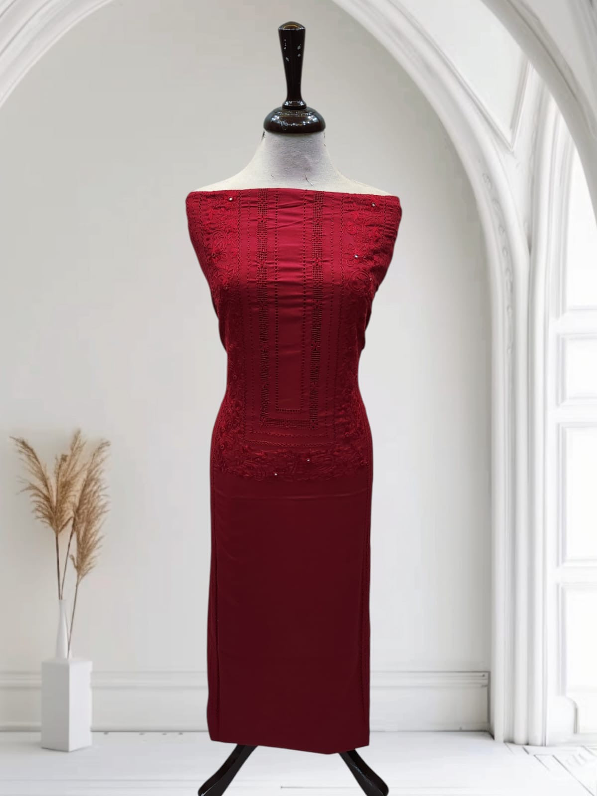 2pc Maroon Marina tarkashi with embroidery & mirror