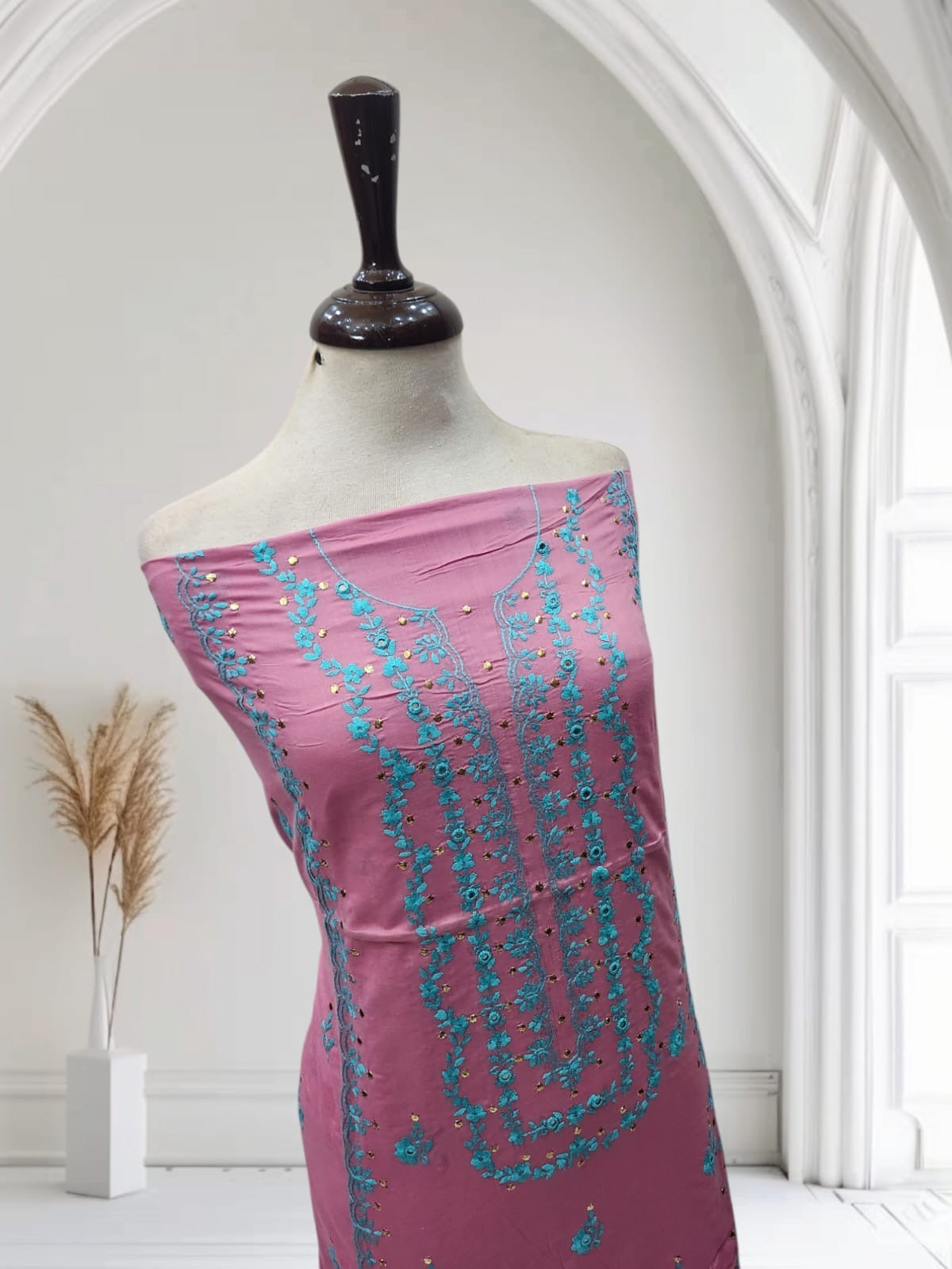 Tea pink lawn shirt hand embroidered with mukesh