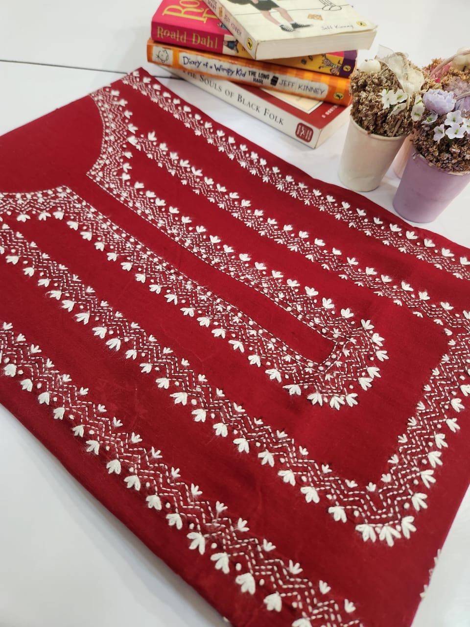 Maroon shade Kantha lawn hand embroidered shirt