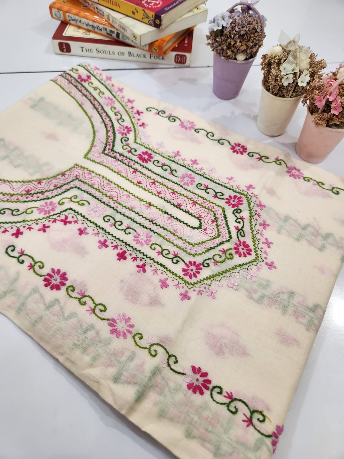 Baby pink heavy embroidered sleeves lawn shirt