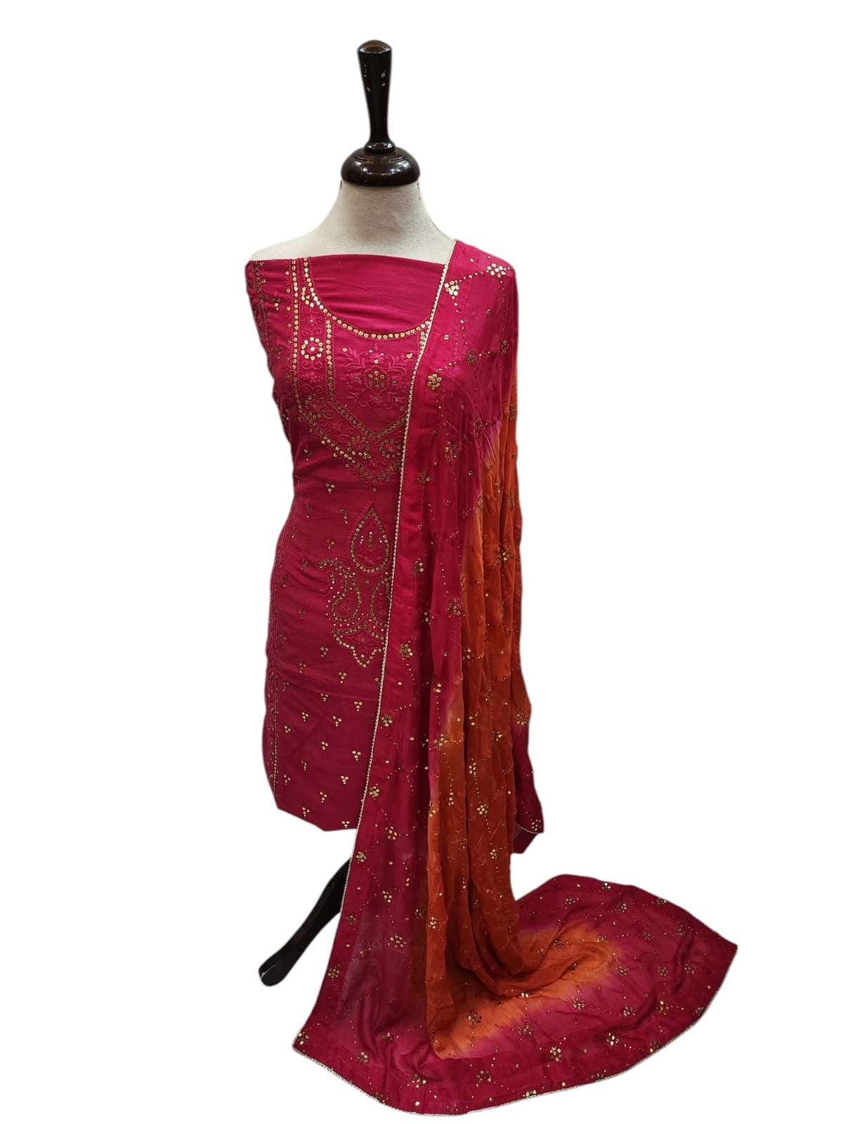 Hot pink with Burnt Orange Mukesh Raw silk