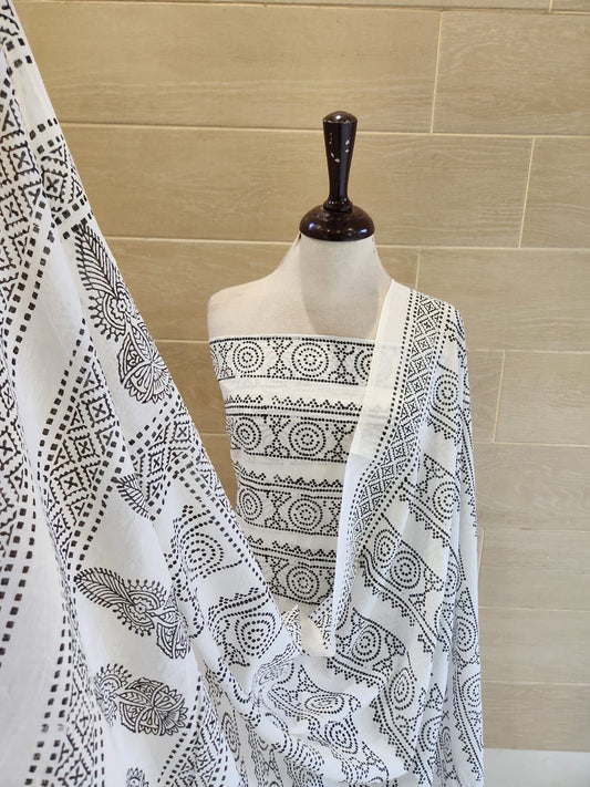 White & black lawn block print 2pc (advance payment)