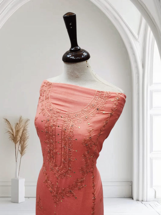 2pc Peach Marina Tarkashi, mukesh & Embriodery
