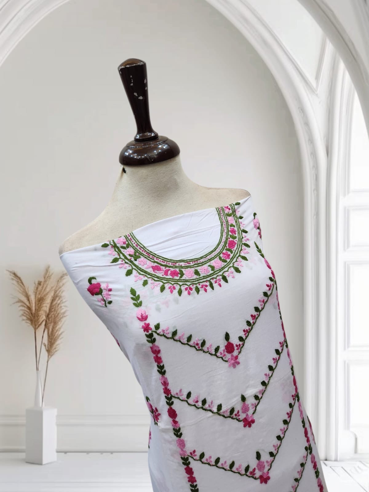 Maah e Noor white & pink hand embroidered shirt