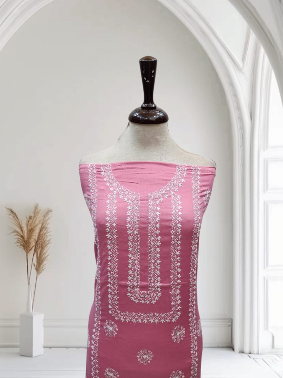 Tea pink kantha lawn hand embroidered shirt
