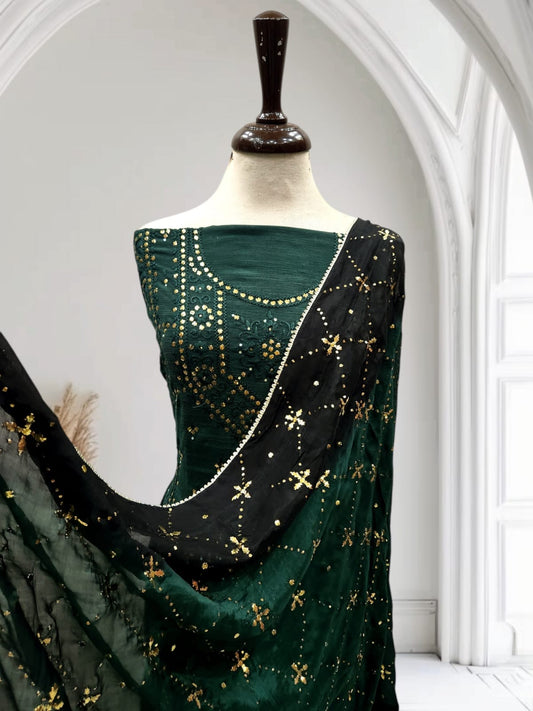 Emerald Green with black Mukesh Raw silk