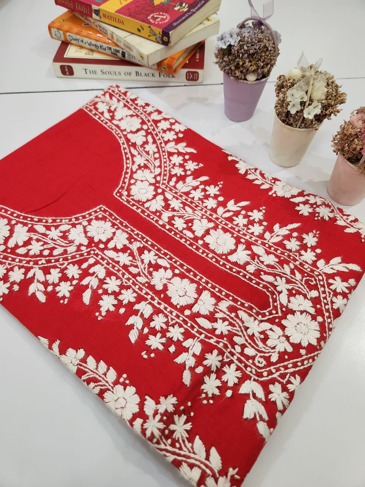 Bold red shade lawn hand embroidered shirt