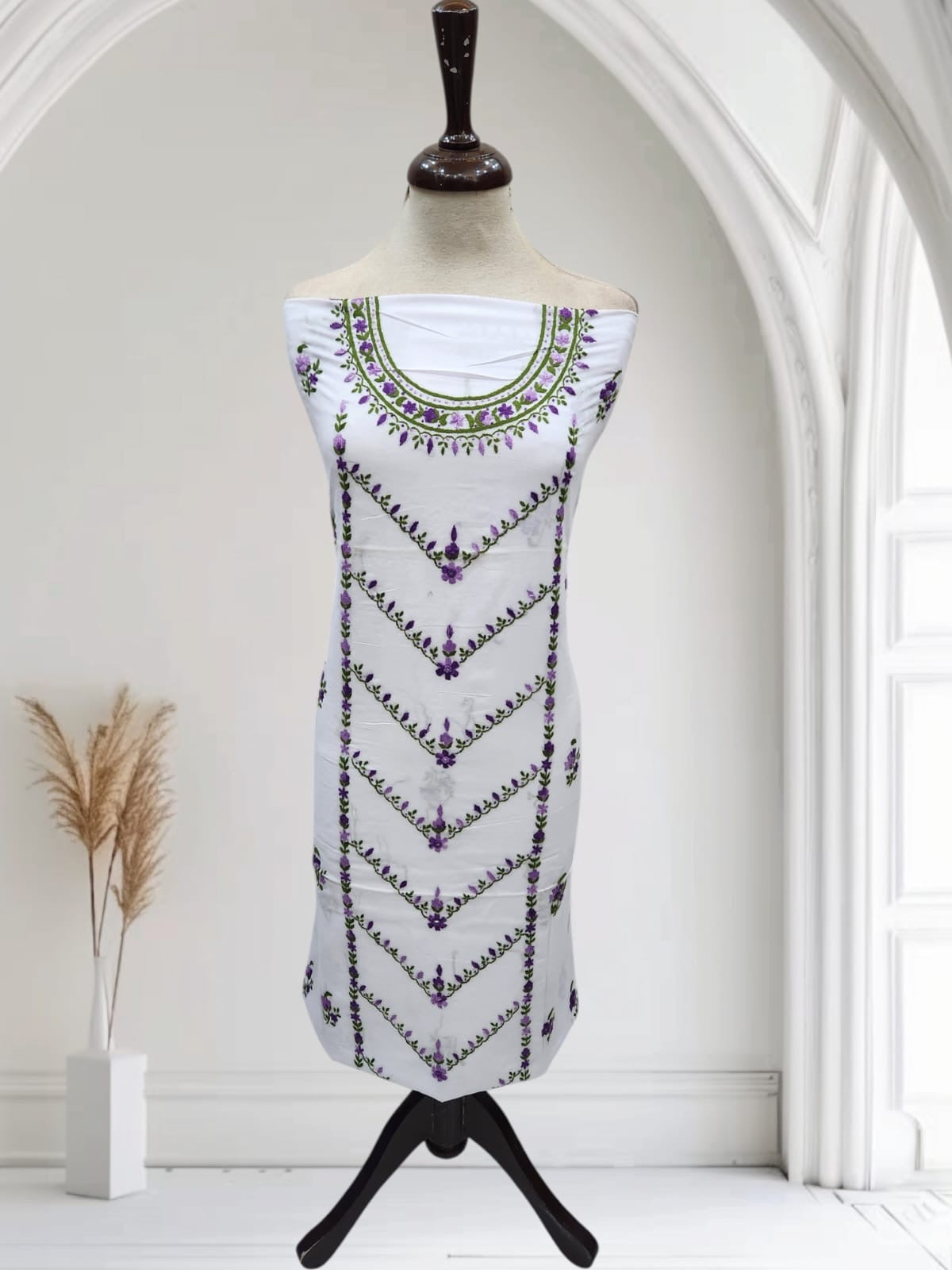 Maah E Noor white & purple hand embroidered shirt