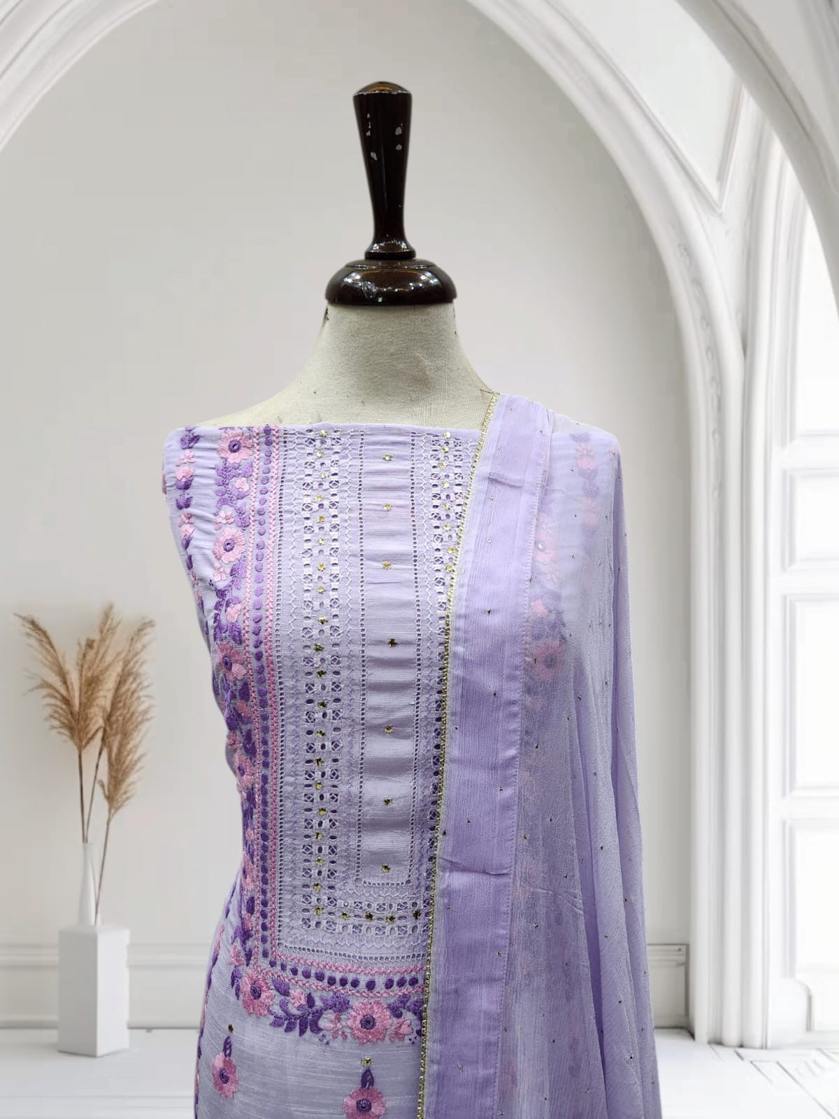 Raw silk Lavender with Baby Pink Tarkashi with Mukesh
