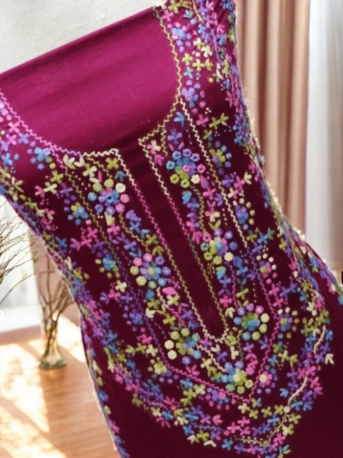 Heavy Mirror Hand Embroidered Lawn Shirt Maroon shade