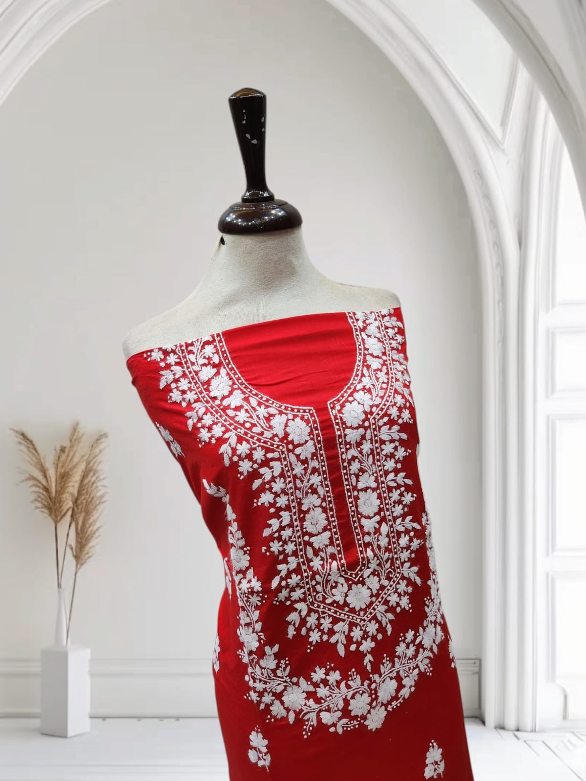 Bold red shade lawn hand embroidered shirt