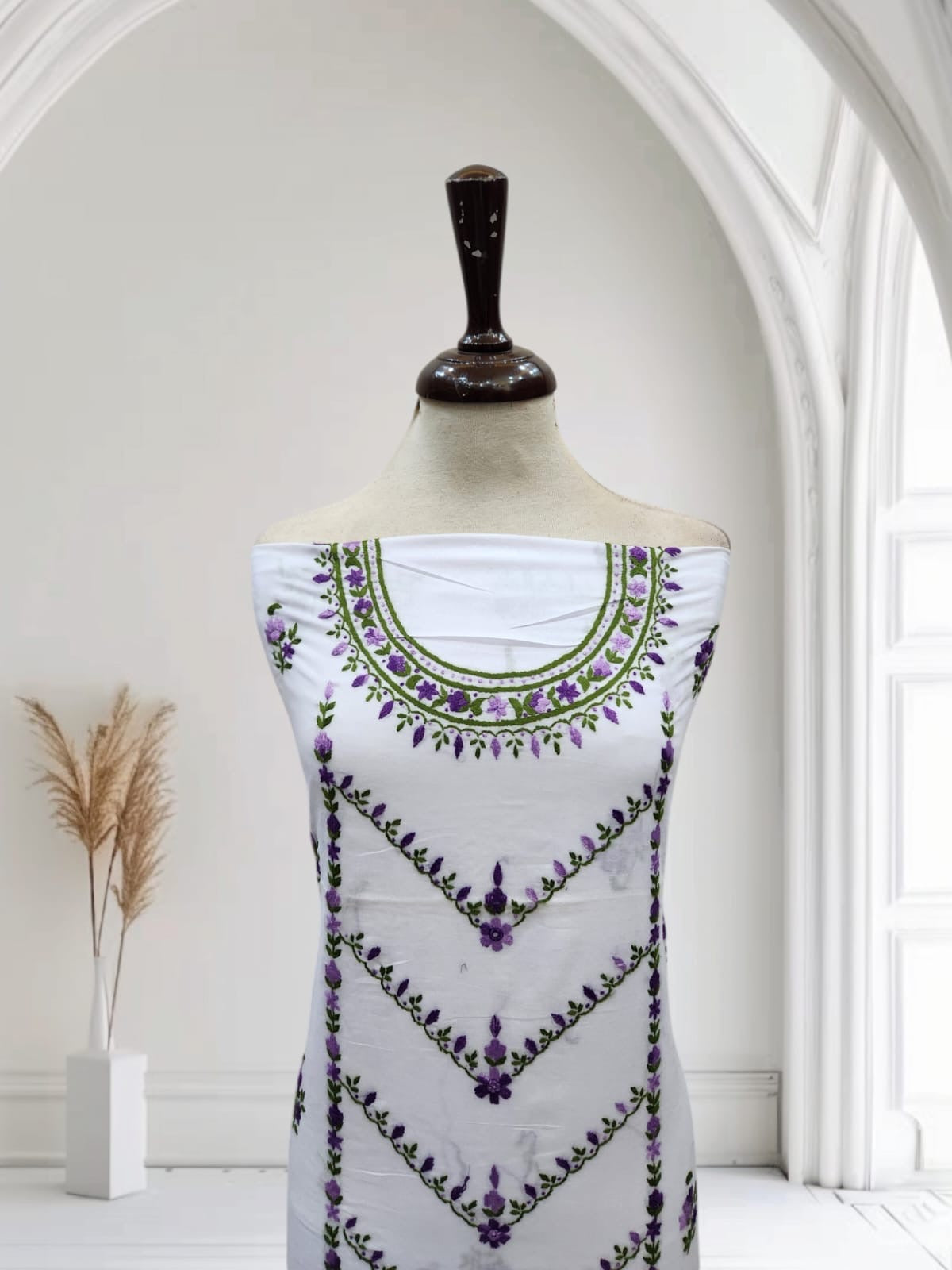 Maah E Noor white & purple hand embroidered shirt