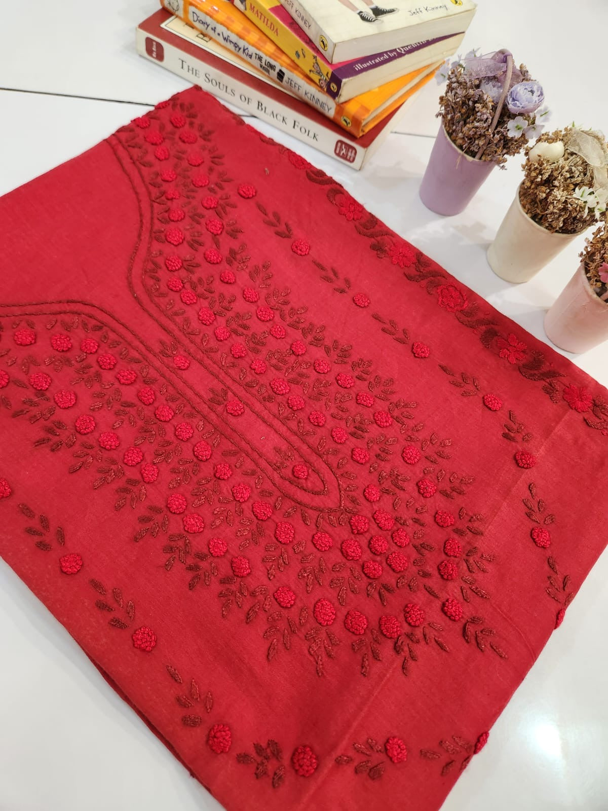 Deep pomegranate shade lawn hand embroidered shirt
