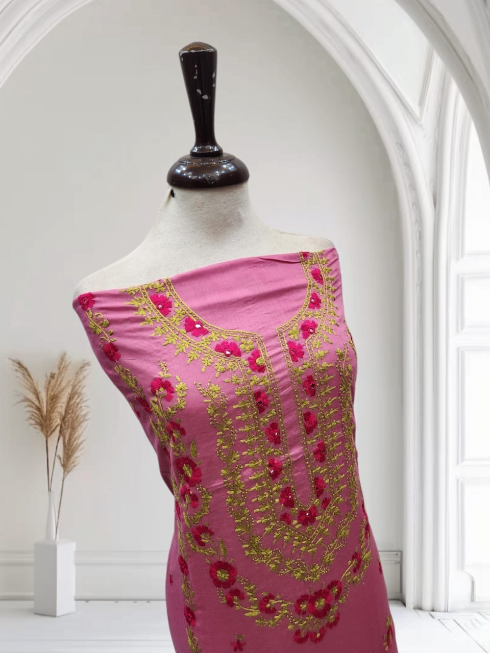 Tea pink lawn hand embroidered shirt