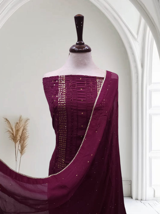 Maroon Raw silk tarkashi with Mukesh