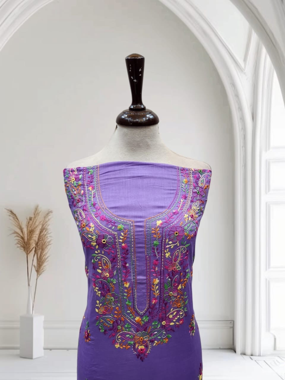 Lavender shade lawn hand embroidered shirt