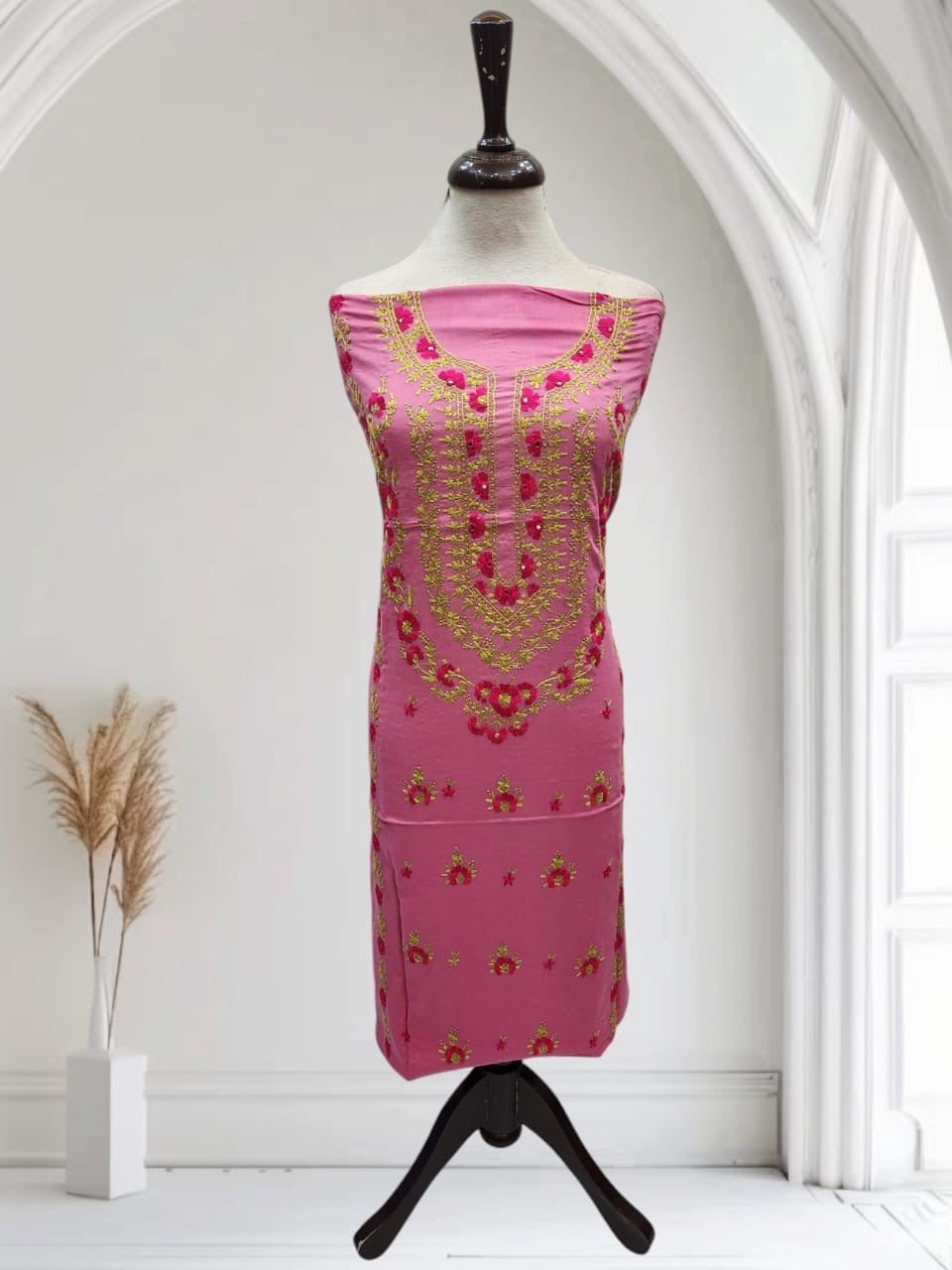 Tea pink lawn hand embroidered shirt