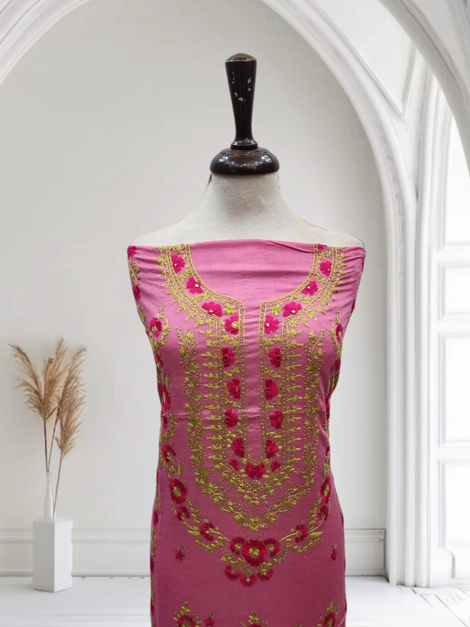 Tea pink lawn hand embroidered shirt