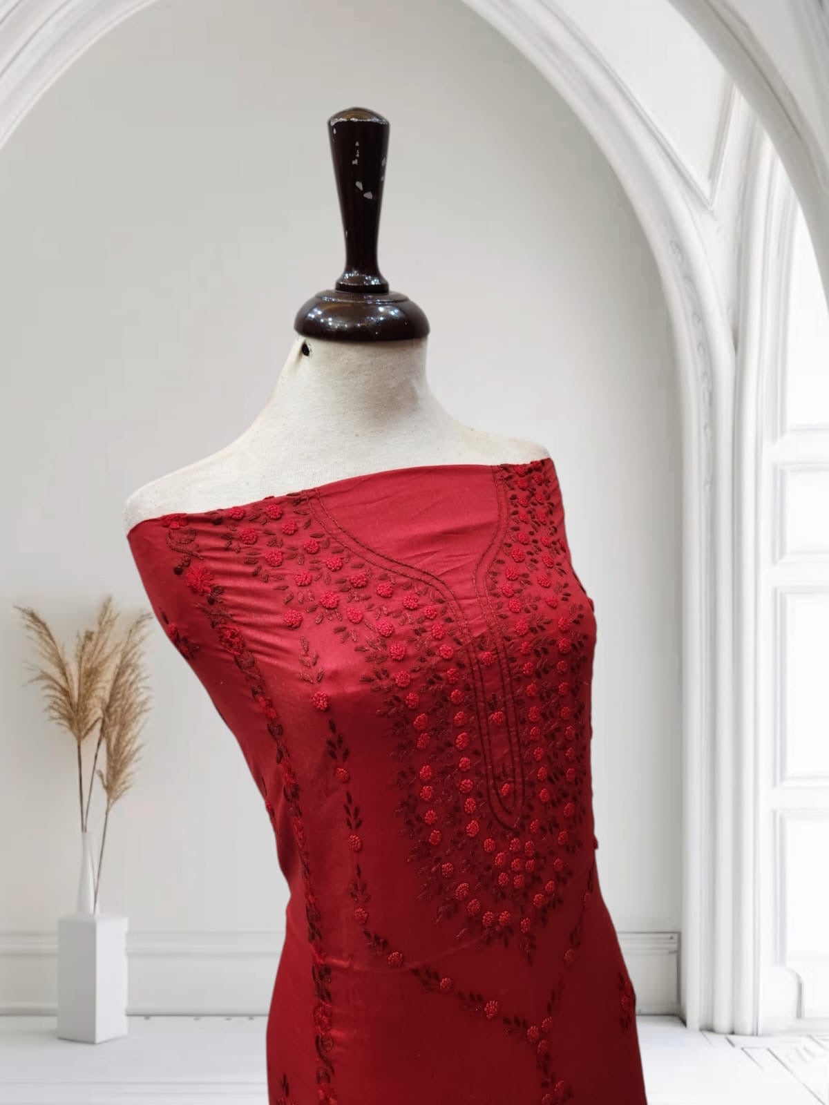 Deep pomegranate shade lawn hand embroidered shirt