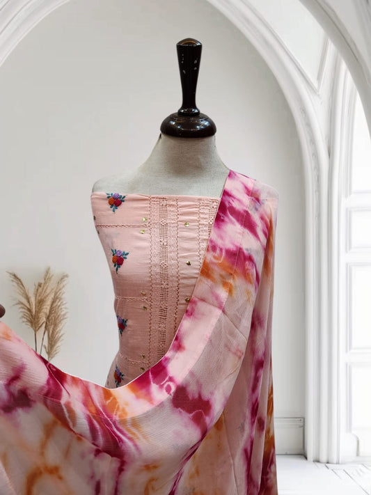 Tarkashi Raw silk Peachy Pink with Gulab tanka