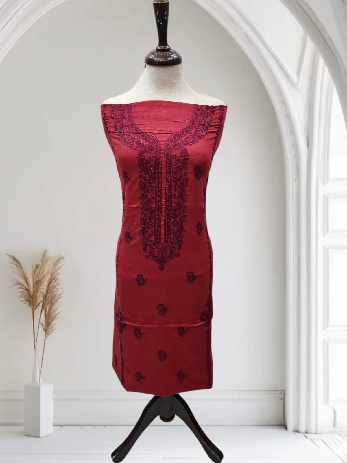 Deep red hand embroidered lawn shirt