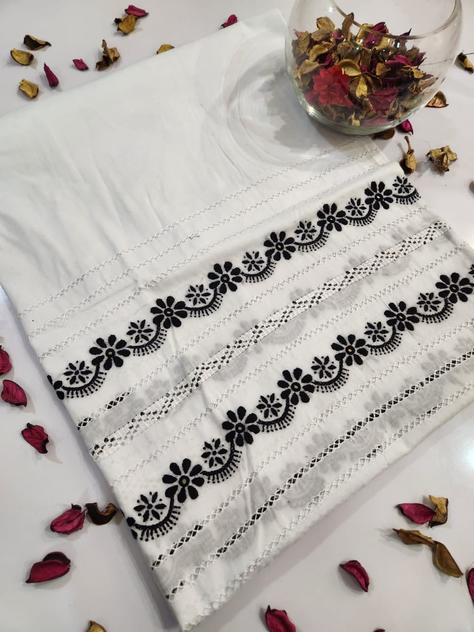 Tarkashi White with black trouser/ Shalwar unstitched