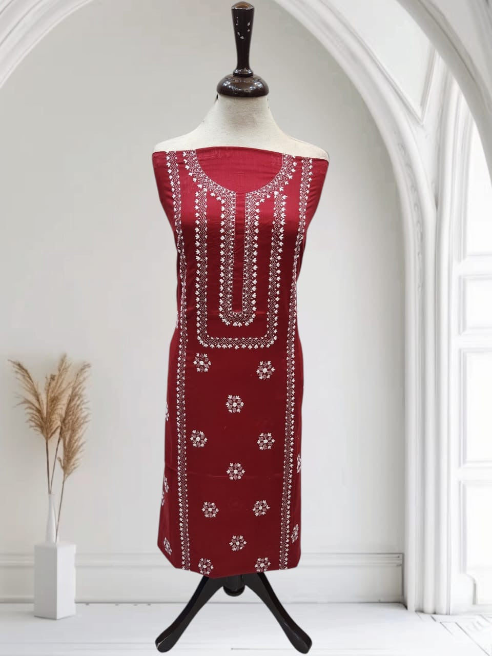 Maroon shade Kantha lawn hand embroidered shirt