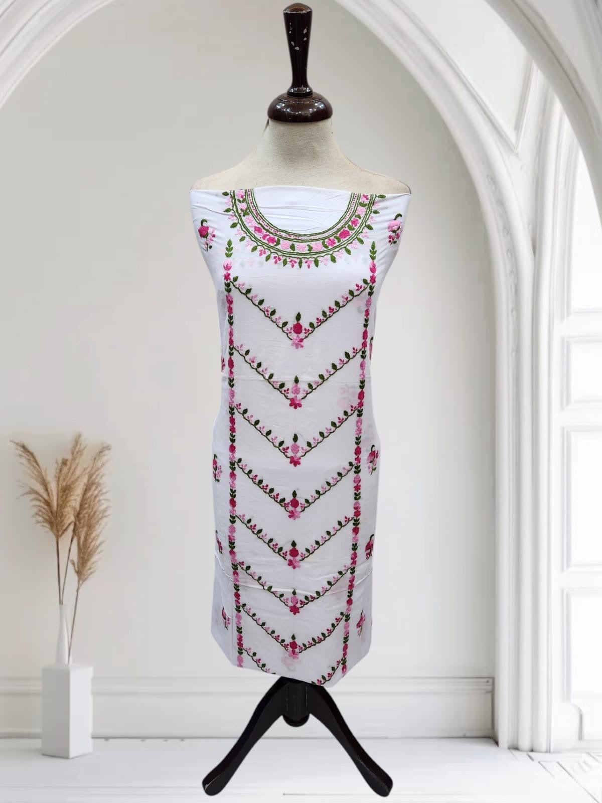 Maah e Noor white & pink hand embroidered shirt