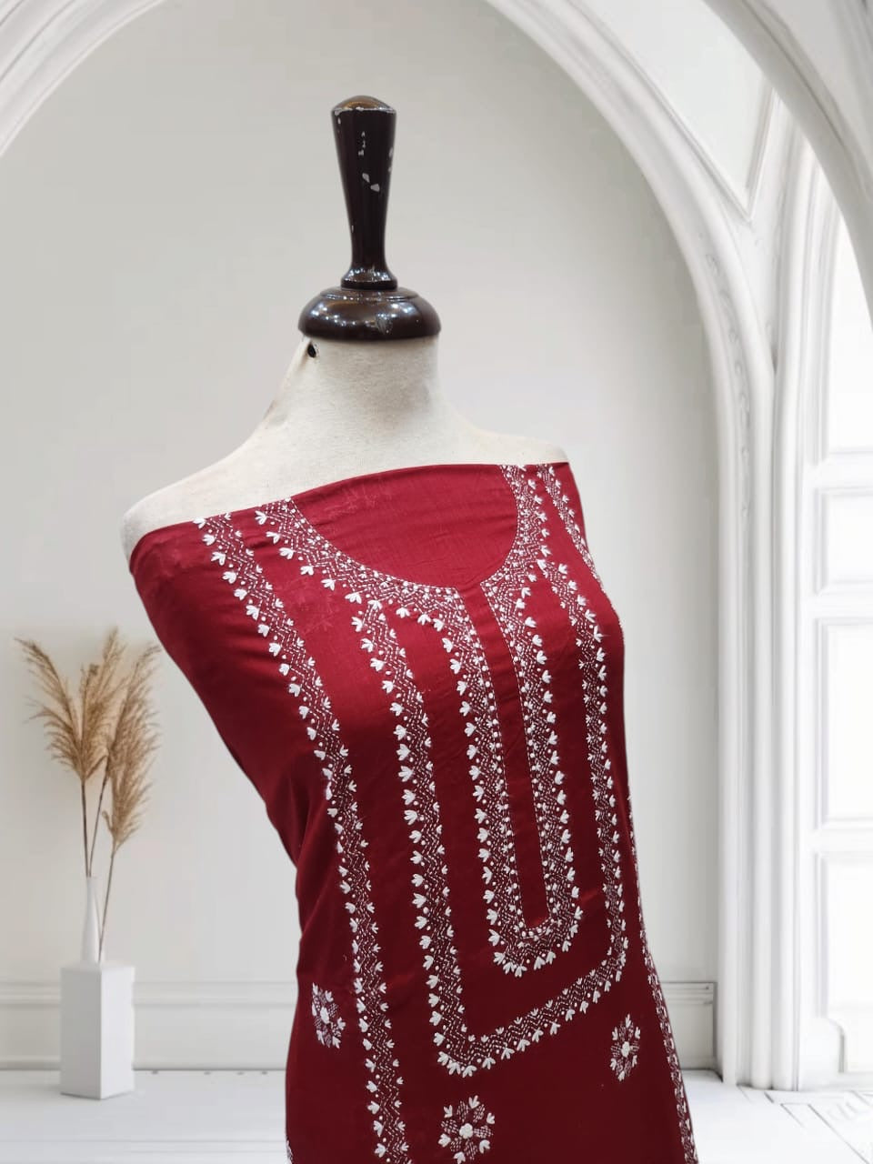 Maroon shade Kantha lawn hand embroidered shirt