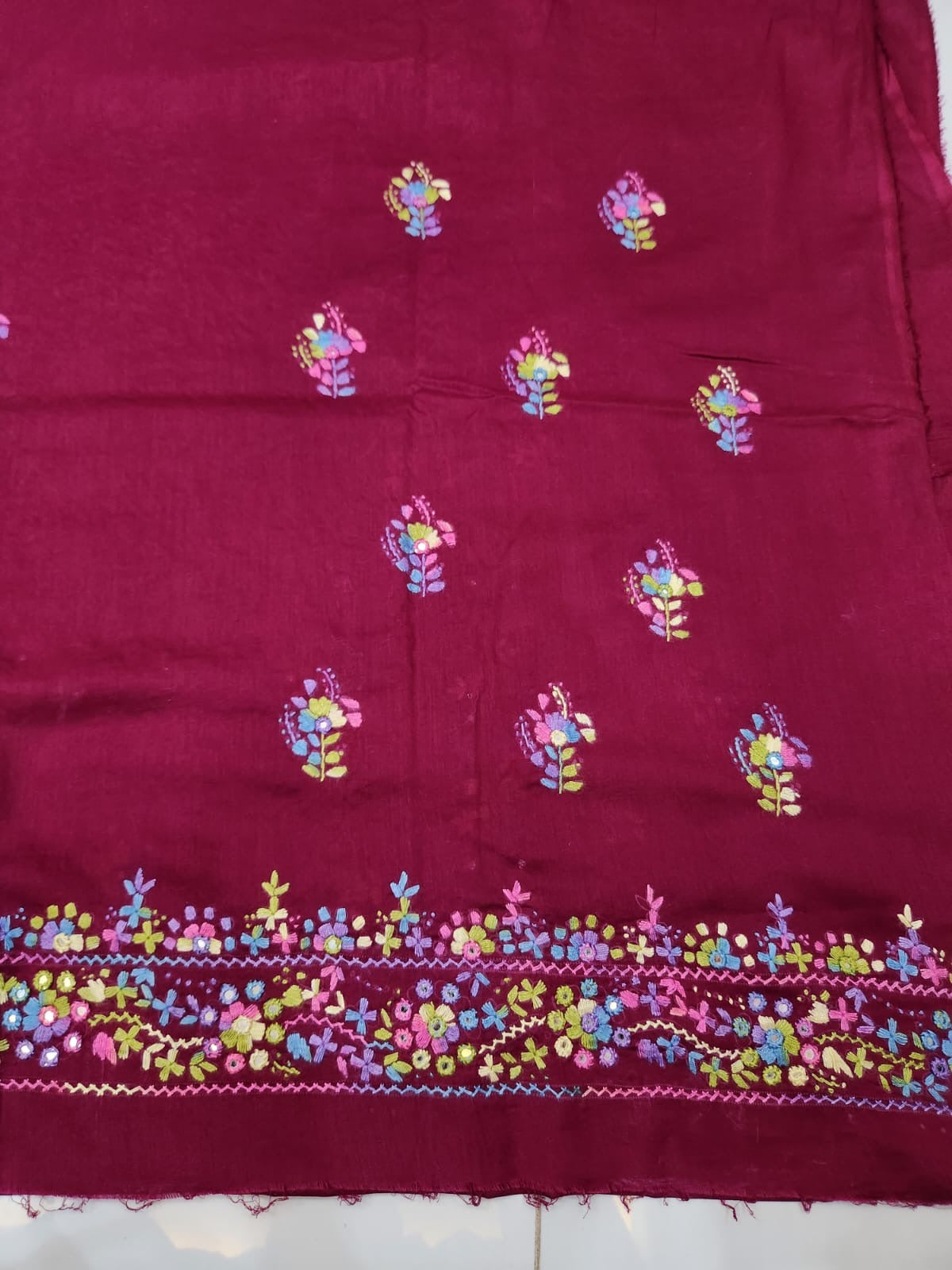 Heavy Mirror Hand Embroidered Lawn Shirt Maroon shade