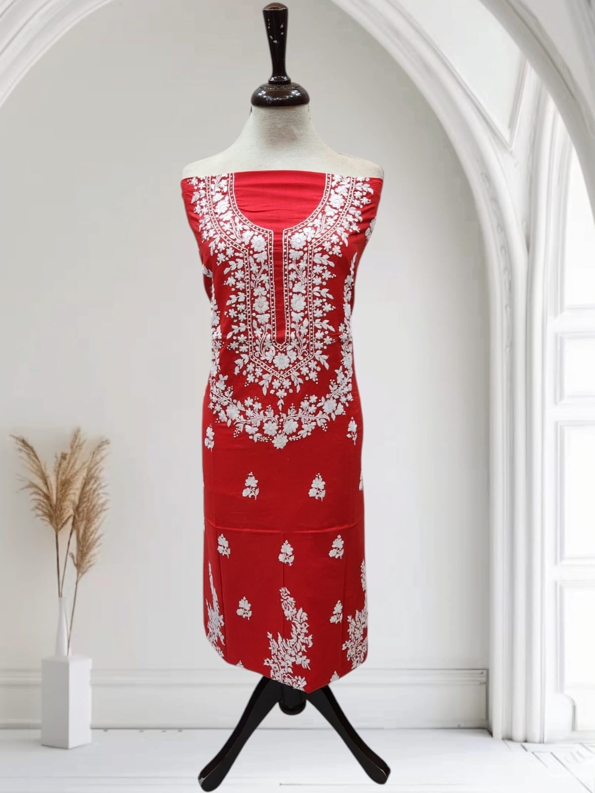 Bold red shade lawn hand embroidered shirt