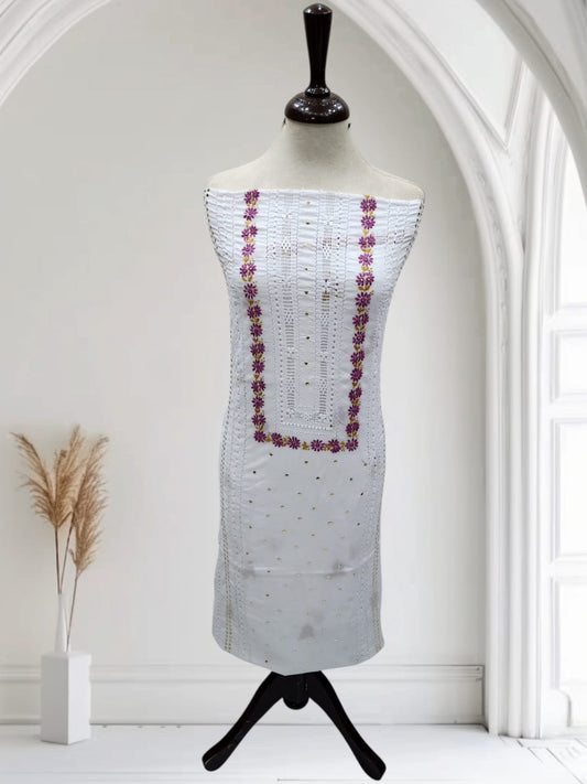 White tarkashi lawn shirt with Mukesh lavender