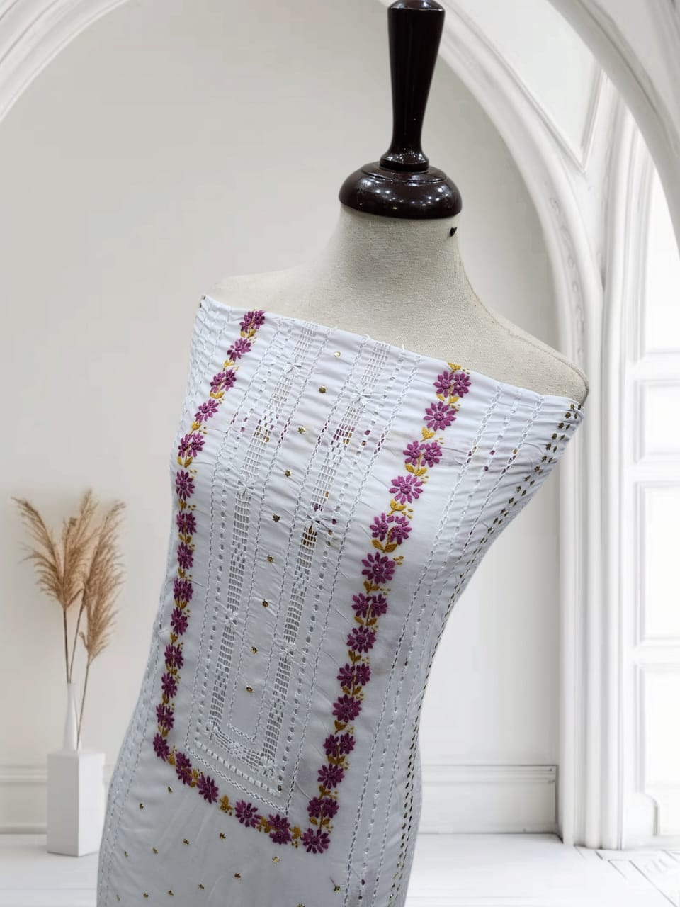 White tarkashi lawn shirt with Mukesh lavender