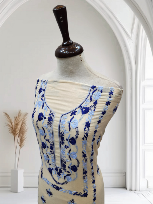 Ivory with double shade lawn hand embroidered shirt